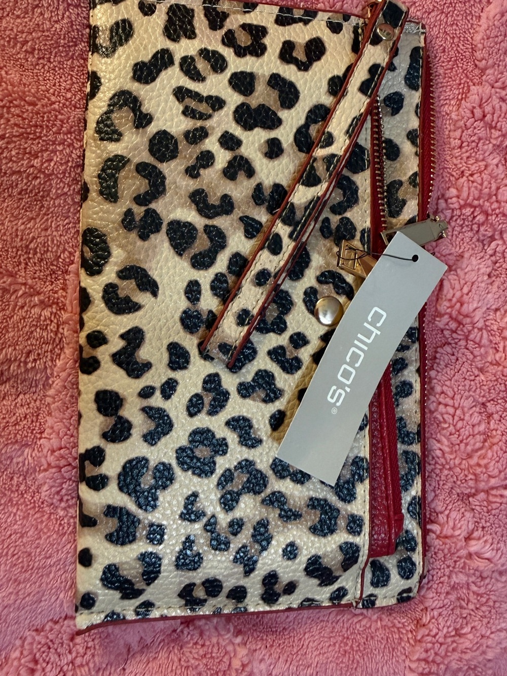 NWT Chico's Leopard Print Wristlet Clutch in Beige, Black and Red